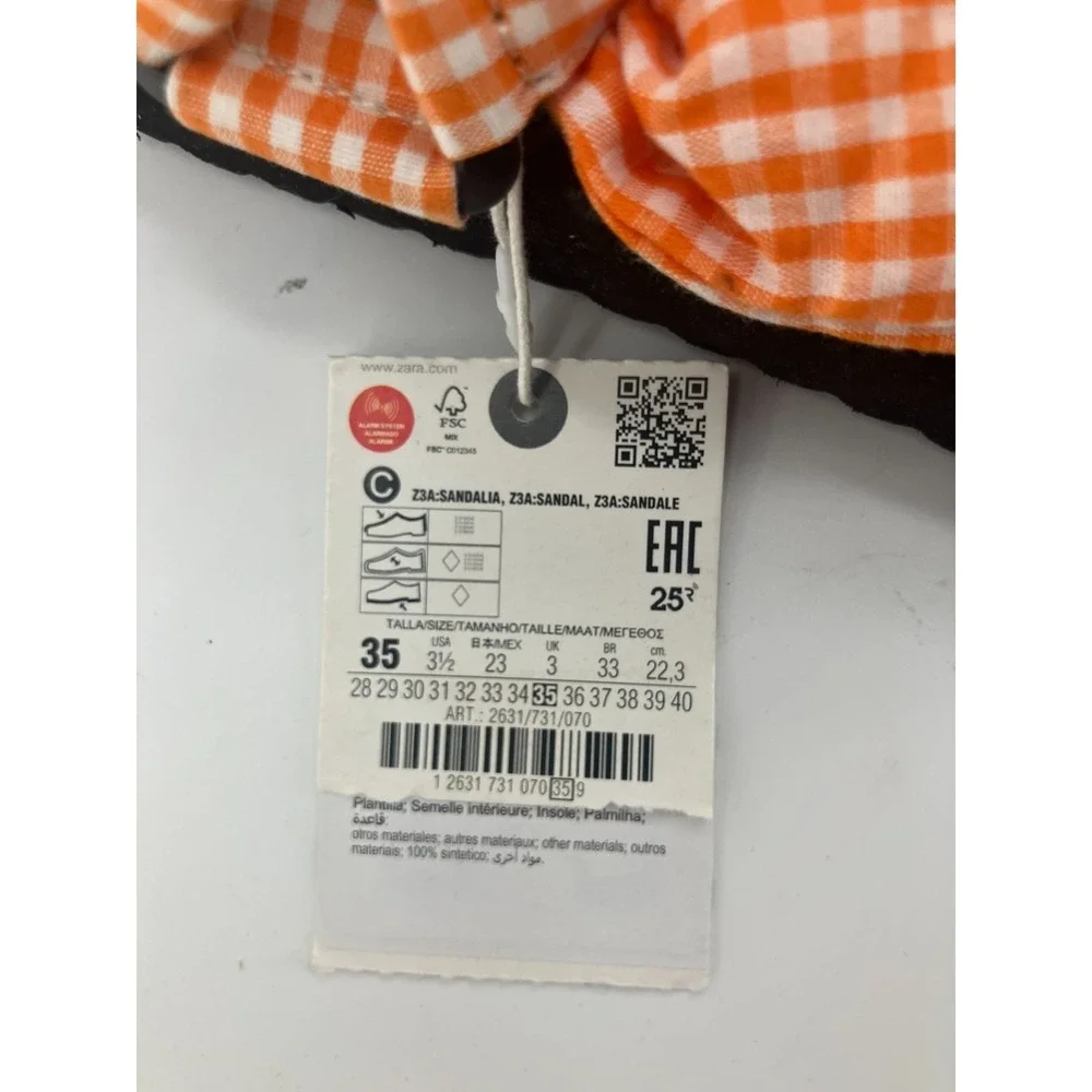 Zara‎ Sandals Girls US 3.5 Orange Checkered Gingham Open Toe Platform Strappy